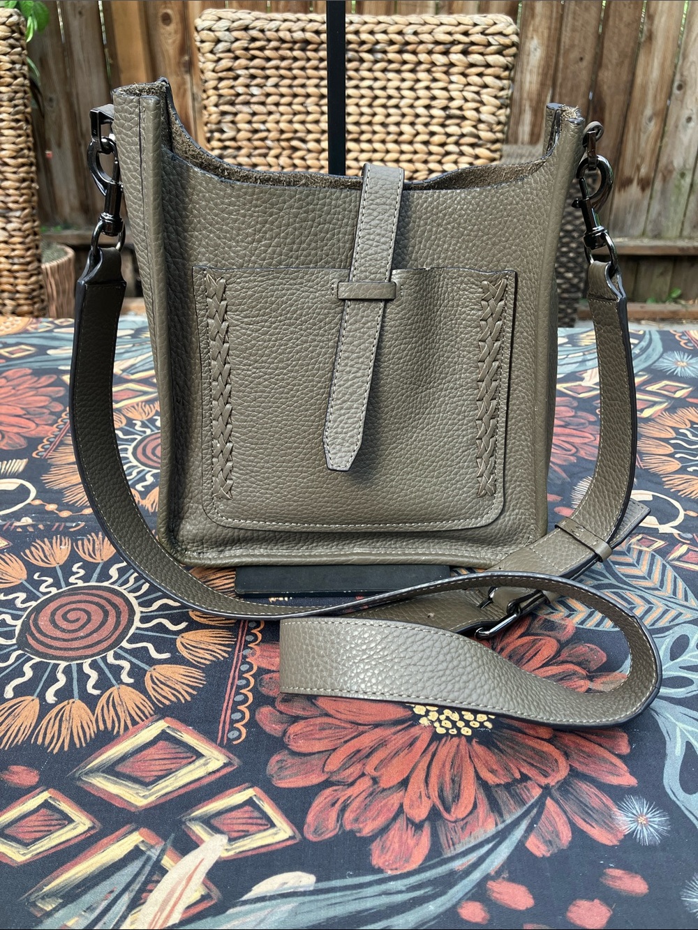 Rebecca Minkoff Army Green Taupe Pebbled Leather Unlined Feed Bag